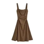 Spaghetti Strap Square-Neck Plain Ruched Midi Bodycon Dress Coffee - S