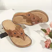 [DZXYQ] Summer Women's Slippers Flat Sandal Multicolor Handmade Retro Flowers Flip-Flops Large Size Slippers Leather Slip on Light Mid Heel Wedge Beach Outside Leisure Flip Flops