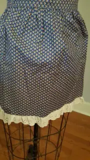 New VTG Cotton Apron & Ruffle Blue, red/white/gold flowered Hand-Made/Sewn