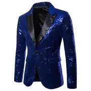 Allthemen Mens Sequined Casual Wedding Party Peaked Lapel Shiny Jacket Blue L