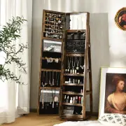 CostwayFull Length Mirrored Jewellery Cabinet Rotates 360° with Open Display Shelves-Coffee