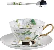 Bone China Ceramic Tea Cup Coffee Cup,Camellia,Vintage Fine Saucer Set Gold Trim Fine Dining and Table Decor (Color : E, Size : 200 ml)
