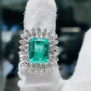 11.15 carat AGL Colombian Green Emerald cut Double Halo Diamond Ring 14k White G