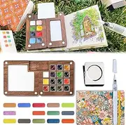 Pocketartist Watercolor Travel Set, Veralea Watercolor Travel Set, Mini Watercolor Paint Set, Wood Palette Box with Clip,Mini Portable Wooden Grid Paint Box Palette Set (Walnut A,15 Gride)