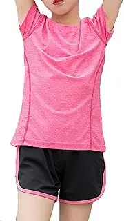 [Echinodon] Girls' Sports Set Quick-Drying Shirt + Shorts Suit for Yoga Jogging Training, pink, 120