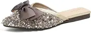 [URLECHS] Women's Fashion Rhinestone Mules Bow Decorated Flats Comfortable Slip On Backless Loafers Closed Pointed Toe Casual Slides