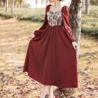 在飛比找蝦皮商城精選優惠-大碼女裝 復古裙 法式宮廷風 公主長裙 微胖MM禮服 紅色連
