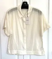 NWT Theory sz Large ivory multi dobby short sleeve cropped button front top $245