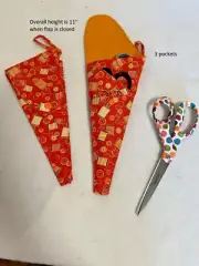 Handmade Thread & Buttons on Pumpkin cotton fabric Scissor holder w 3 pockets