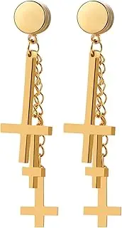 [Aroncent] Men's Women's Earrings Cross Pendant: Stainless Steel Vintage Punk Long Chain Stud Earrings Without Ear Hole Jesus Earrings Set Fashion Jewellery