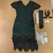 Women's Medium Black Green Sequin Fringe Flapper Dress & Accessory Set 9 Pieces