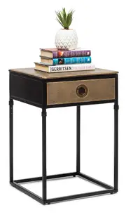 Small Gold Metal Narrow Bedside Table with Drawer