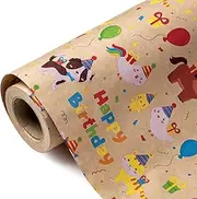 WRAPAHOLIC Kraft Farm Birthday Wrapping Paper Roll - Mini Roll - 17 Inch x 33 Feet - Animal Baby Shower Wrapping Paper Perfect for Kids Birthday