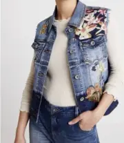 NWT Desigual pieced denim festival vest floral sequins embellished sz 34