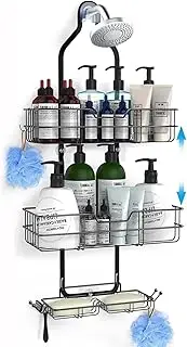 SHINGONE Square Basket Style Anti-Slip Hanging Shower Organizer - Rustproof 3-Tier Metal Shelf with Soap Holders, 30.5x12x64cm, Black for Bathroom Storage