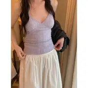V-Neck Plain Lace Trim Crop Cami Top Purple - One Size