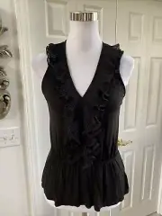 NWT White House Black Market Black Chiffon Ruffled V Neck Knit Shell XS
