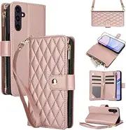 [Asuwish] Phone Case for Samsung Galaxy A14/M14 5G with Tempered Glass Screen Protector and Zipper Wallet Cover Card Holder Slot Stand Flip Mobile Cell Accessories A 14 4G 14A 14M G5 Women Men Rose Gold
