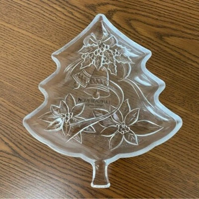 NIB Home Beautiful Crystal Christmas Tree Plate Happy Holidays Clear Glass 7.5"