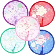 AUTSUPPL 5Pcs Floral Round Foldable Hand Fans for Safe Compact Collapsible Handheld Fans Multi Functional Summer Party Accessories Peony Design for Outdoor Fun