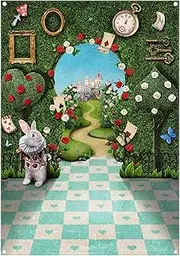 Yriujul 5x7ft Fabric Wonderland Tea Party Photography Backdrop Key Hold Checkerboard Background for Newborn Birthday Fairy Tale Photo Tapestry Booth Props