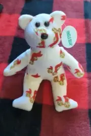 Jingle Bear Christmas Teddy White Plush Stuffed Animal Beanie Bell Ribbon Print