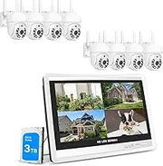 8CH Security Camera System Wireless with 12 Inch LCD Monitor, 8Pcs 3MP Outdoor Indoor PTZ Cameras with Two-Way Audio, Full Color Night Vision, Waterproof, Human AI Atuo Tracking, 3TB HDD