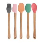5pc Mini 21cm Silicone & Bamboo Utensils Set Basting Brush/Spatula/Spoonula