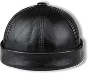 Men Leather Skullcap, Sailor Cap Hat Beanie Rolled Cuff Retro Brimless Genuine Leather Beanie Hat