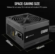 Corsair 650W CX Series, 80 PLUS Bronze Certified, Up to 88% Efficiency, Compact 125mm design easy fit and airflow, ATX PSU 2024