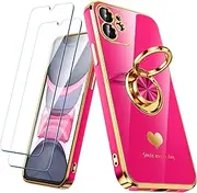 [Nonional] Compatible for iPhone 12 Case with 2 Pack Screen Protector, 360° Rotatable Ring Holder [Luxury Hearts Pattern] Plating Gold Edge Slim Soft Phone Cover Case for iPhone 12 - Hot Pink