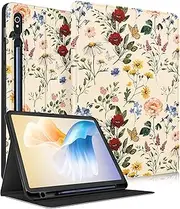 [Wazzasoft] for Samsung Galaxy Tab S10 Fe/S9 Fe Case - Tab S9 Case for Women Girls Cute Unique Design Girly Kawaii Flower Floral Pretty Folio Tablet Cover with Pencil Holder
