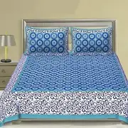Cotton Double Bed Sheet with 2 Pillow Covers Floral Blue Jaipuri Pattern