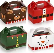 Christmas Treat Boxes, 24 Pieces Plaid Santa Elf Snowman Elk Gingerbread Xmas Cardboard Present Candy Cookie Boxes with Handles, Holiday Party Favor Supplies, 4 Designs (Cute Style)