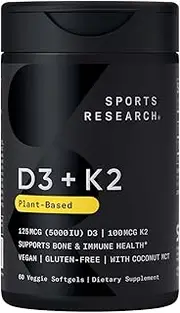 Sports Research - Vegan D3 5000iu + Vitamin K2 -100mcg, 60 Veggie Softgels