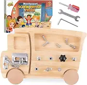 Axel Adventures Montessori Screwdriver Board Set - 13-Piece Truck Shape Board Set with Nuts, Bolts, Fine Motor Tools & Chain Lock, Wooden Busy Board for Toddlers, Ideal Sensory Learning