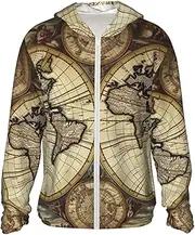 [FHEDVBN] Men's UPF 50+ Ancient Map World Globe Sun Protection Hoodie Long Sleeve Rash Guard Hiking Running Workout Shirt