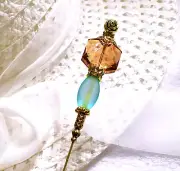 HATPIN with PEACH Amber Crystal & Frosted Aqua Ocean beads set on 8" Gold Finish