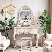 Makeup Vanity Desk European, Dressing Table Organizer for Bedroom, HD Lighted Mirror 3 Lighting Modes, Pack of Jewelry Box(100cm)