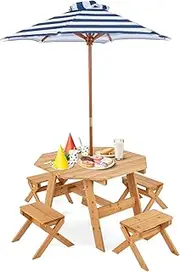 Honey Joy Kids Octagon Picnic Table Set with 4 Chairs, Wooden Table & Foldable Umbrella, Outdoor Toddler Furniture for Patio, Garden & Backyard, 3+ Years