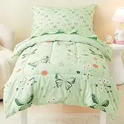 Mooreeke 4 Pieces Toddler Bedding Set - Soft Sage Green Butterfly Toddler Comforter Sets for Girls, Includes Quilted Comforter, Flat Sheet, Fitted Sheet and Pillowcase, Bed in A Bag for Baby Bedroom