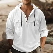 Men's Shirt Linen Shirt Summer Shirt Beach Shirt Hooded Shirt Plain Casual Daily Black White Brown Khaki Long Sleeve Hooded Spring Summer Clothing Apparel