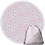 White Floral Drawings over Pink Round Beach Towel