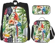 [StOlmx] 3 Pcs Set Backpack,Waterproof Bookbag, Insulated Lunch Bag & Pencil Case Pouch, Travel,Hiking,Tower Paris Street Red Umbrella Print, Toucans Parrot Palm Tree Leaves, One Size