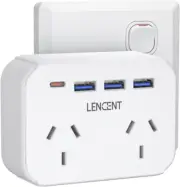 LENCENT USB Plug Extension, Type-C & 3 USB a Ports, 2 Way Socket Extension, 6-In