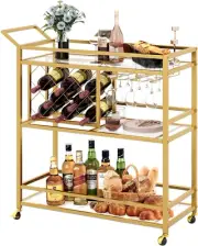 Maxkon Gold Bar Cart Drinks Trolley Coffee Tea Serving Wine Rack Glass Holder...