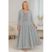 Beaded Lace Two Piece A-Line Mother of the Bride Dress Elegant Simple Luxurious V Neck Floor Length Maxi Length Chiffon Short Sleeve with Stretch Crepe Jacket