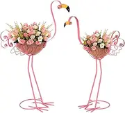 SUNREEK Set of 2 Pink Flamingo Outdoor Planters with Basket, Metal Flamingo Planter for Indoor Outdoor Garden Yard Decor