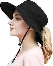 [ACEmedia] Women's Outdoor Summer Sun Hat UV Protection Wide Brim Foldable Fishing Hats with Ponytail Hole for Safari, Fishing, Bush, Hunting, Hiking, Camping