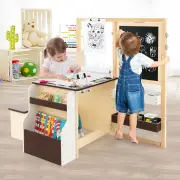 CostwayKids Art Table &amp; Bench Set with Double-Sided Adjustable Easel-Coffee